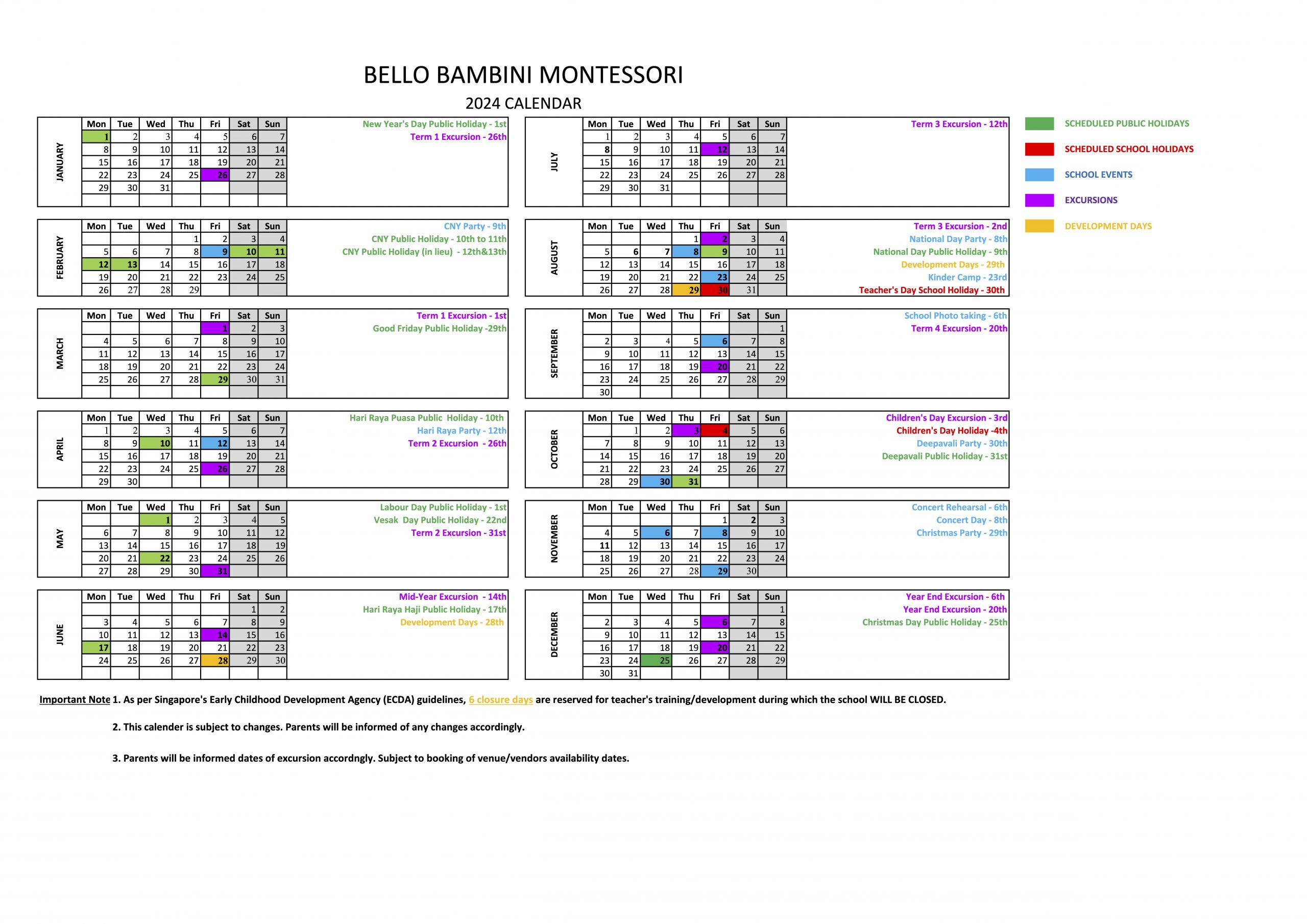 Term Calendar 2024 Bello Bambini Montessori